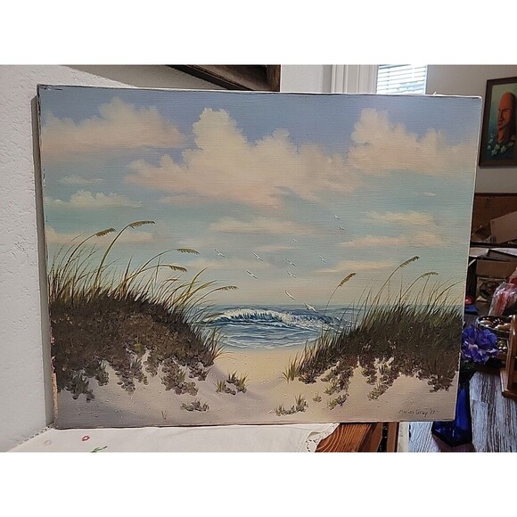 Vintage Original Oil Painting on canvas seascape by Marion Gray '77 Nederland Tx - Picture 2 of 12
